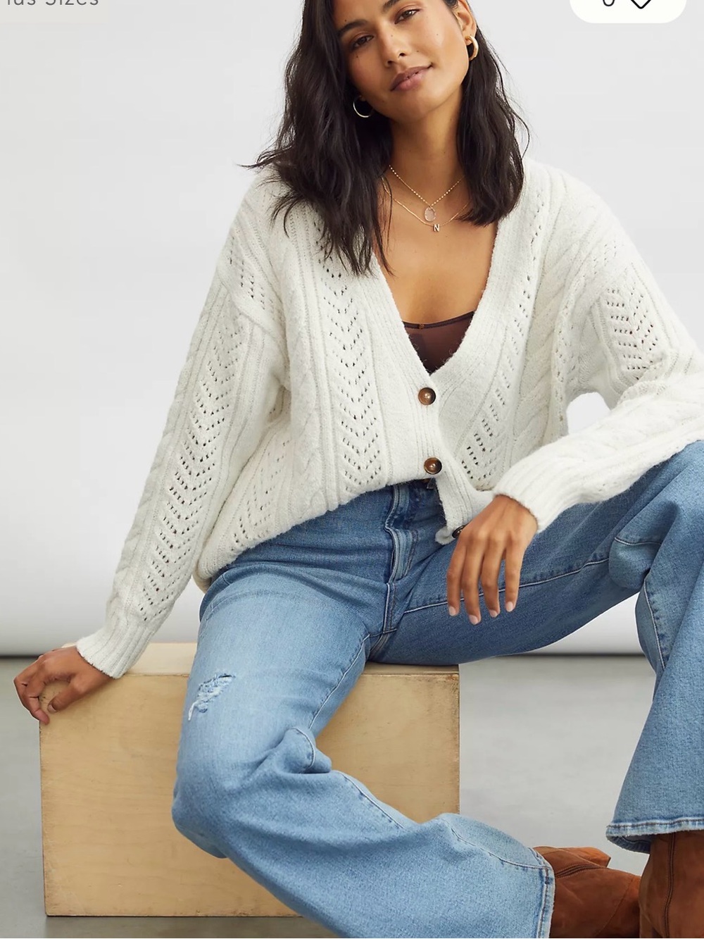 Anthropologie Classic Pointelle Cable Knit Cardigan Ivory Cream Large
